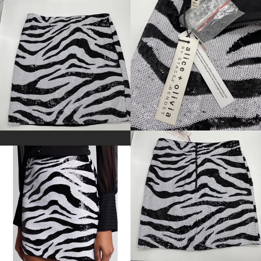 Alice + Olivia Animal Print Zebra Ramos Sequin Mini Skirt Size 8